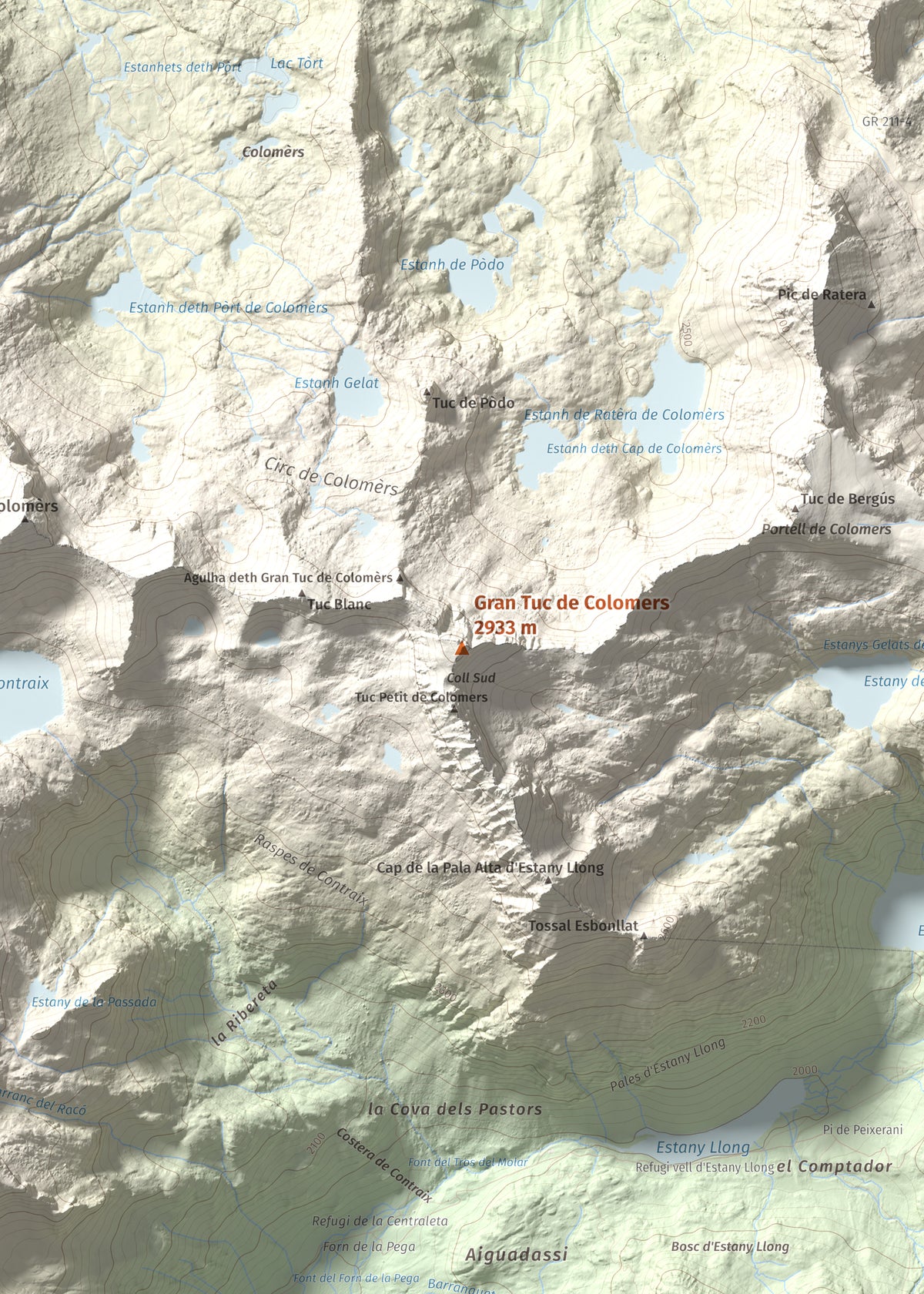 Mapa de relieve de Gran Tuc de Colomers, 2933 m, Alta Ribagorça · Val d'Aran, lámina 100 Cims de Trobart. Detalle de la zona central. 50 × 70 cm.
