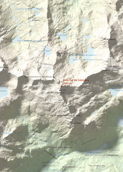 Mapa de relieve de Gran Tuc de Colomers, 2933 m, Alta Ribagorça · Val d'Aran, lámina 100 Cims de Trobart. Detalle de la zona central. 50 × 70 cm.