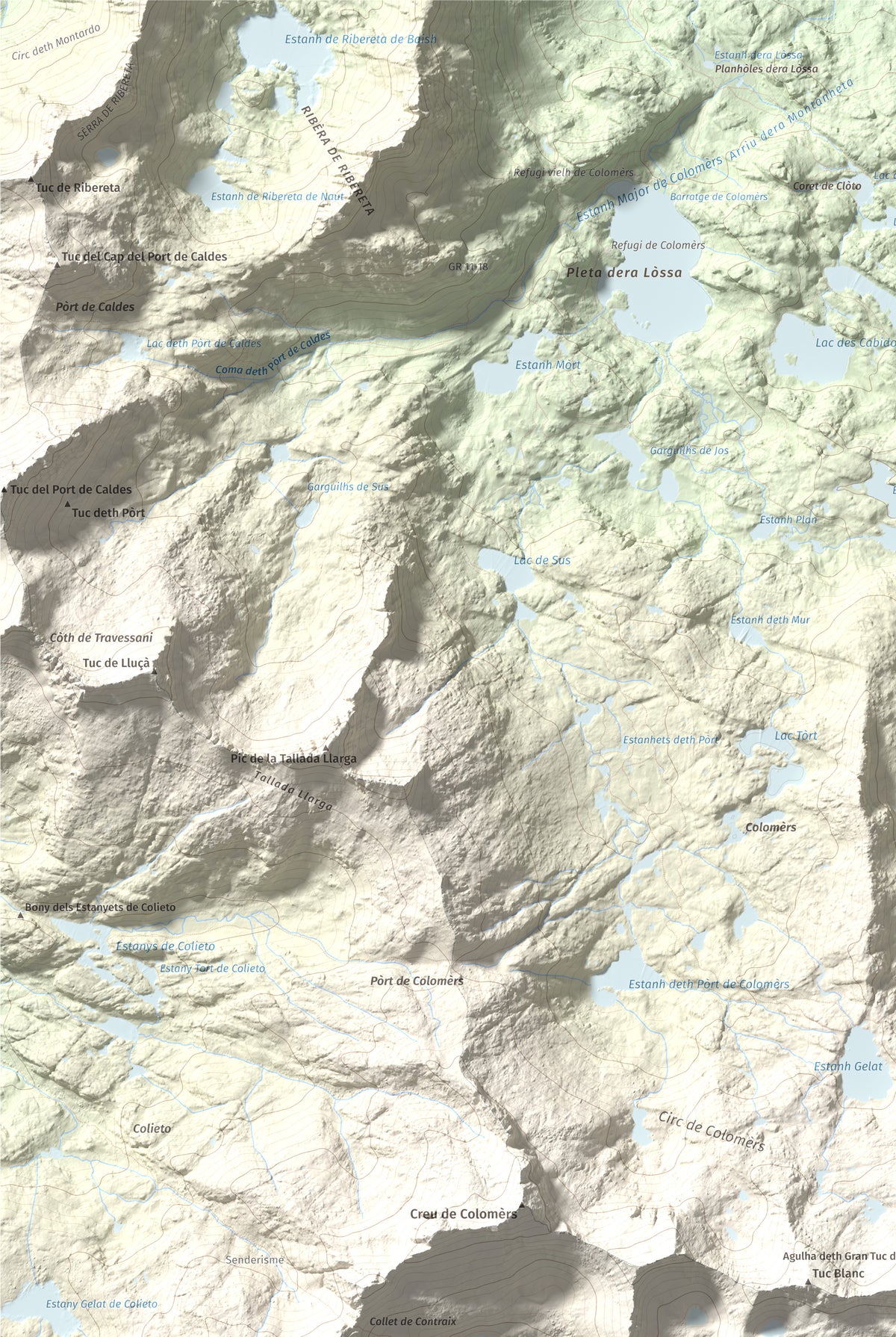 Mapa de relieve de Gran Tuc de Colomers, 2933 m, Alta Ribagorça · Val d'Aran, lámina 100 Cims de Trobart. Detalle de la zona superior izquierda. 61 × 91 cm.