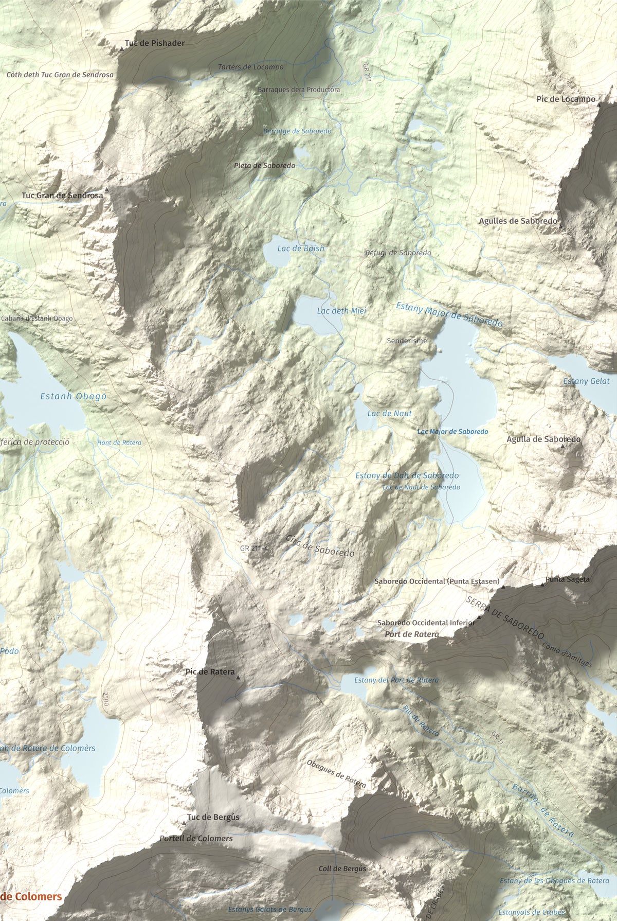 Mapa de relieve de Gran Tuc de Colomers, 2933 m, Alta Ribagorça · Val d'Aran, lámina 100 Cims de Trobart. Detalle de la zona superior derecha. 61 × 91 cm.