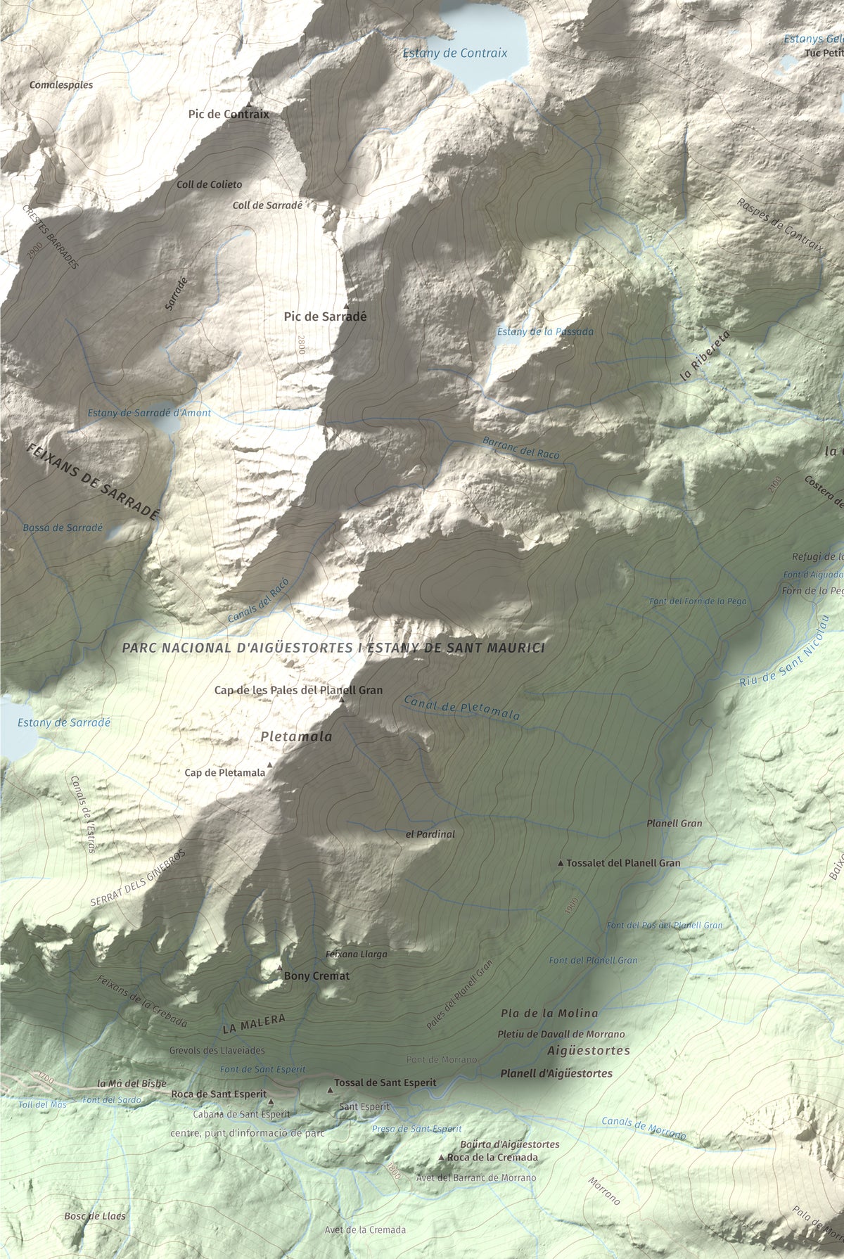 Mapa de relieve de Gran Tuc de Colomers, 2933 m, Alta Ribagorça · Val d'Aran, lámina 100 Cims de Trobart. Detalle de la zona inferior izquierda. 61 × 91 cm.