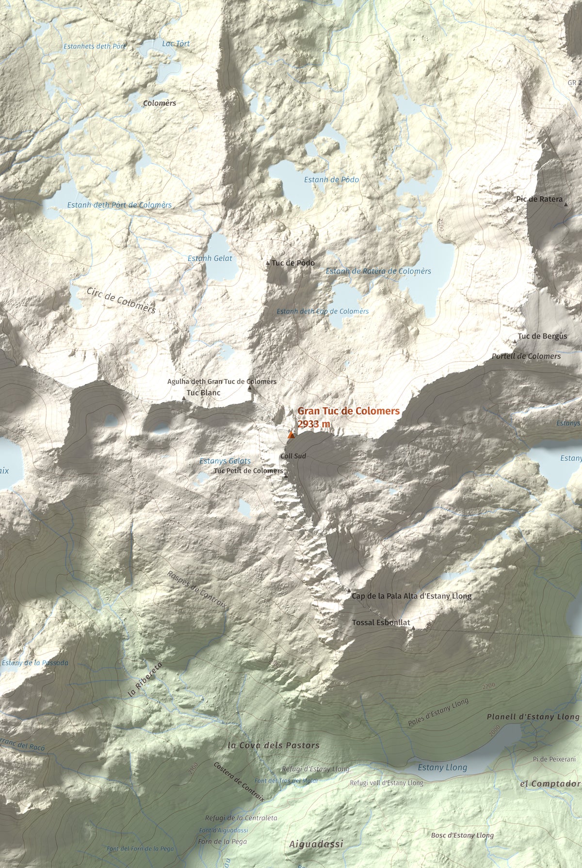 Mapa de relieve de Gran Tuc de Colomers, 2933 m, Alta Ribagorça · Val d'Aran, lámina 100 Cims de Trobart. Detalle de la zona central. 61 × 91 cm.
