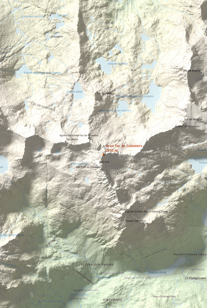 Mapa de relieve de Gran Tuc de Colomers, 2933 m, Alta Ribagorça · Val d'Aran, lámina 100 Cims de Trobart. Detalle de la zona central. 61 × 91 cm.