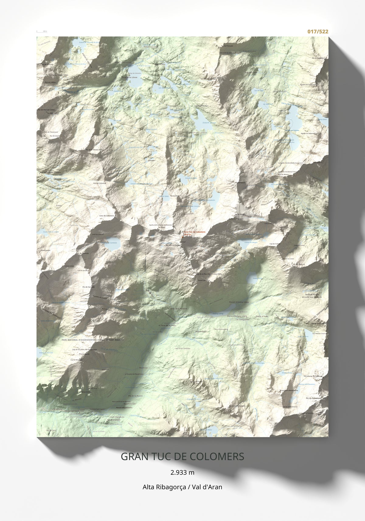 Mapa de relieve de Gran Tuc de Colomers, 2933 m, Alta Ribagorça · Val d'Aran, lámina 100 Cims de Trobart 70 × 100 cm.
