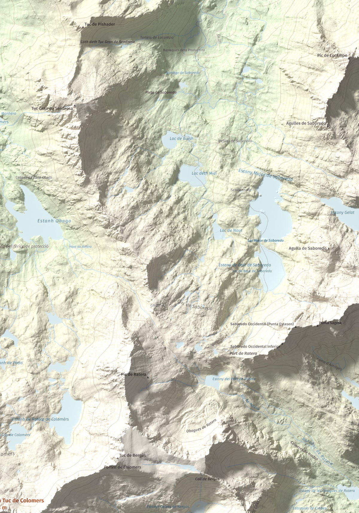 Mapa de relieve de Gran Tuc de Colomers, 2933 m, Alta Ribagorça · Val d'Aran, lámina 100 Cims de Trobart. Detalle de la zona superior derecha. 70 × 100 cm.