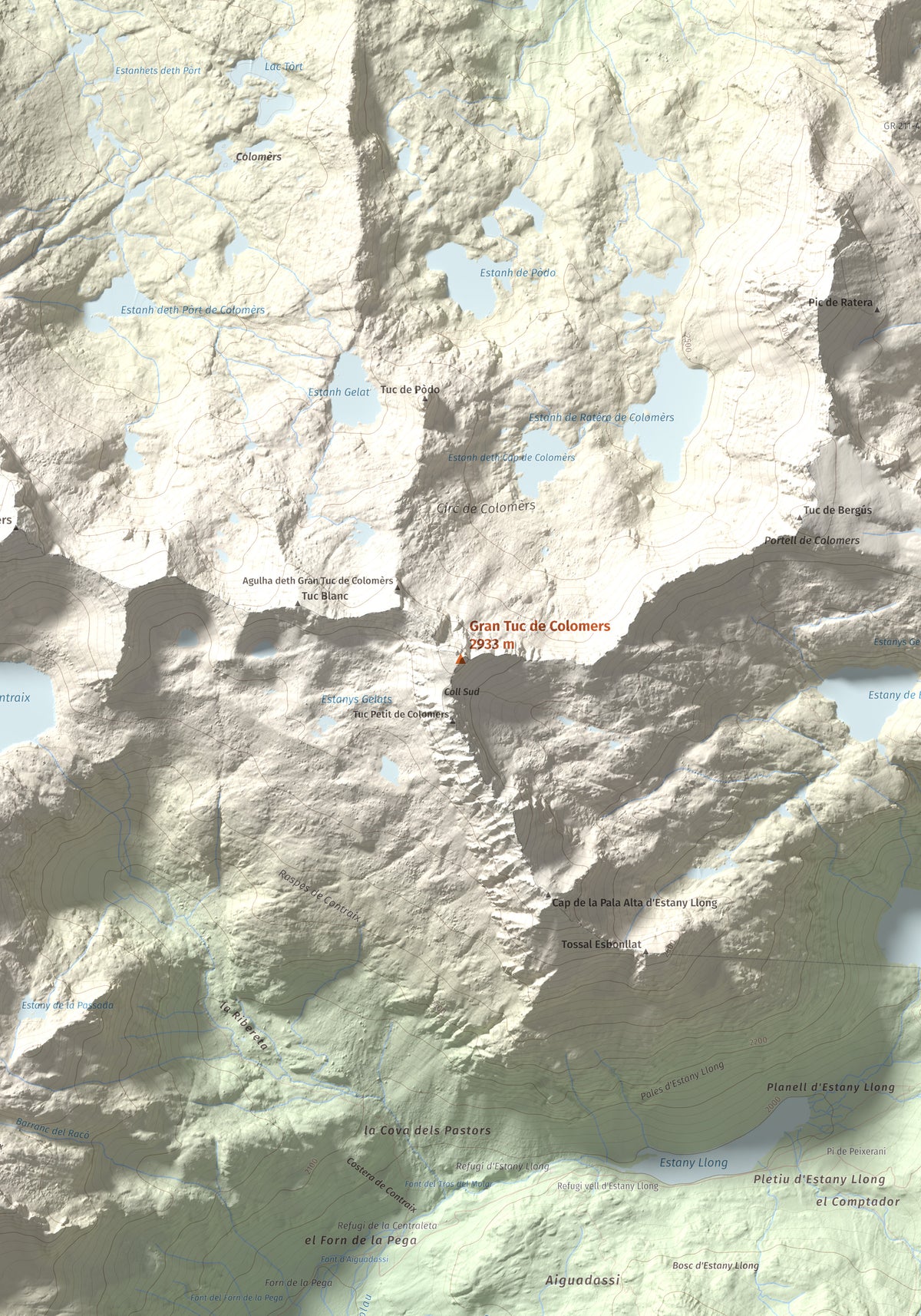 Mapa de relieve de Gran Tuc de Colomers, 2933 m, Alta Ribagorça · Val d'Aran, lámina 100 Cims de Trobart. Detalle de la zona central. 70 × 100 cm.