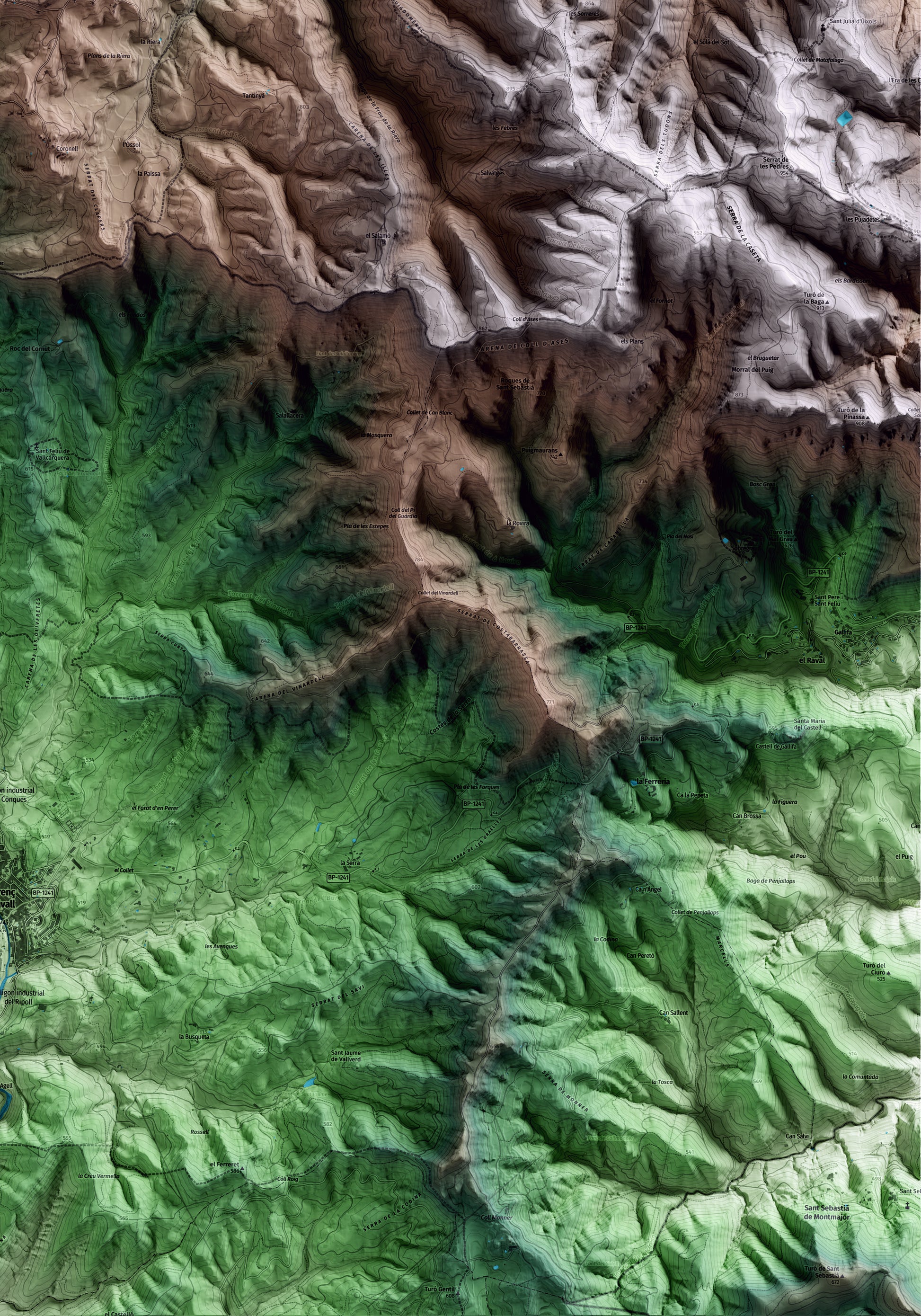 Mapa artístico del relieve de Granera, al Moianès, con 15 km de entorno y base topográfica ICGC. Detalle de la zona inferior derecha.