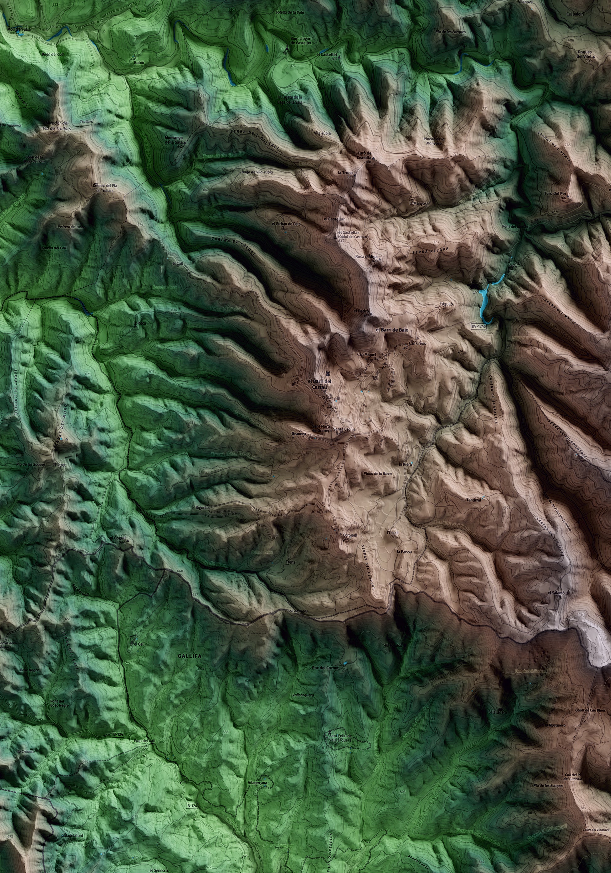 Mapa artístico del relieve de Granera, al Moianès, con 15 km de entorno y base topográfica ICGC. Detalle de la zona central.