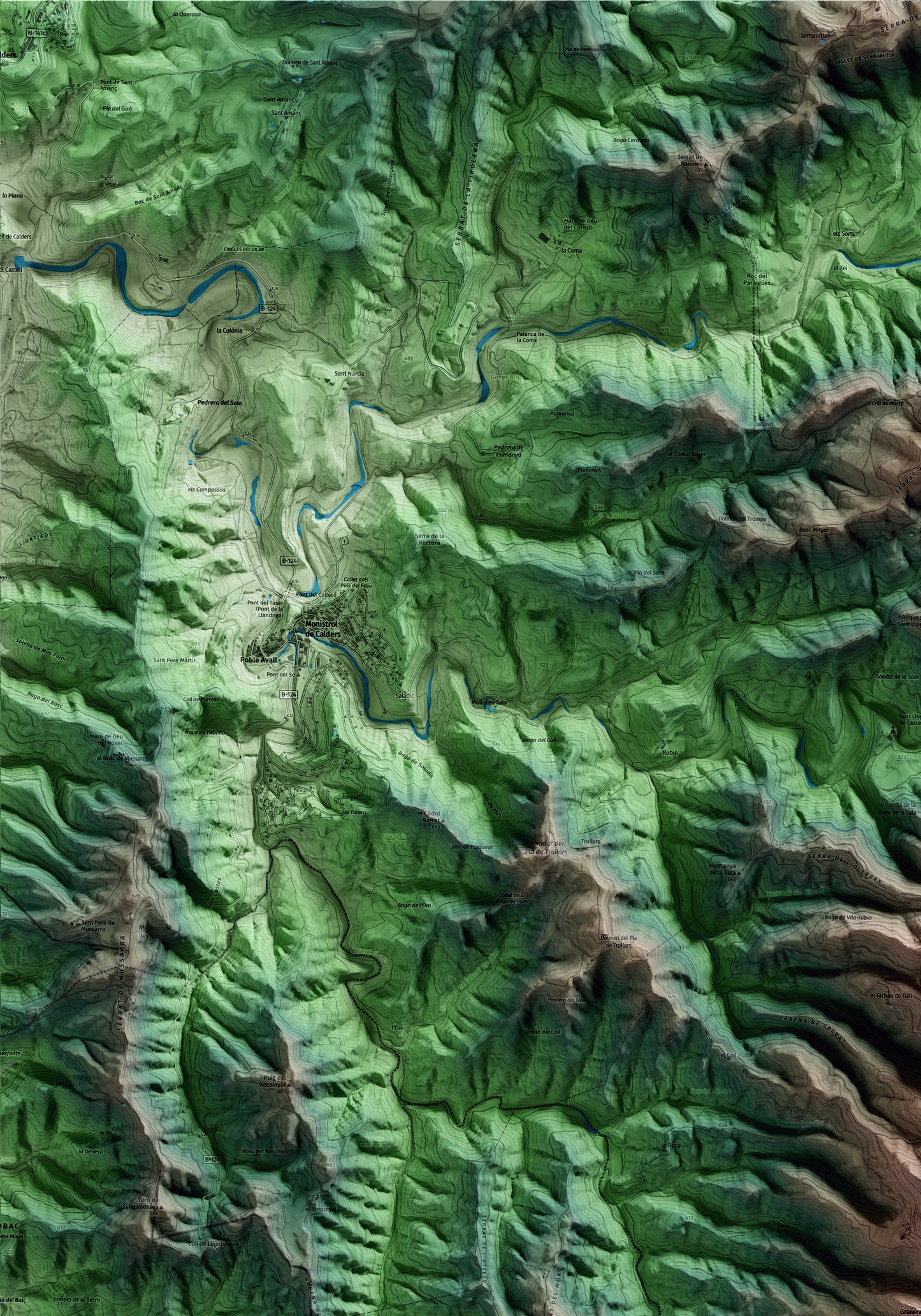 Mapa artístico del relieve de Granera, al Moianès, con 15 km de entorno y base topográfica ICGC. Detalle de la zona superior izquierda.