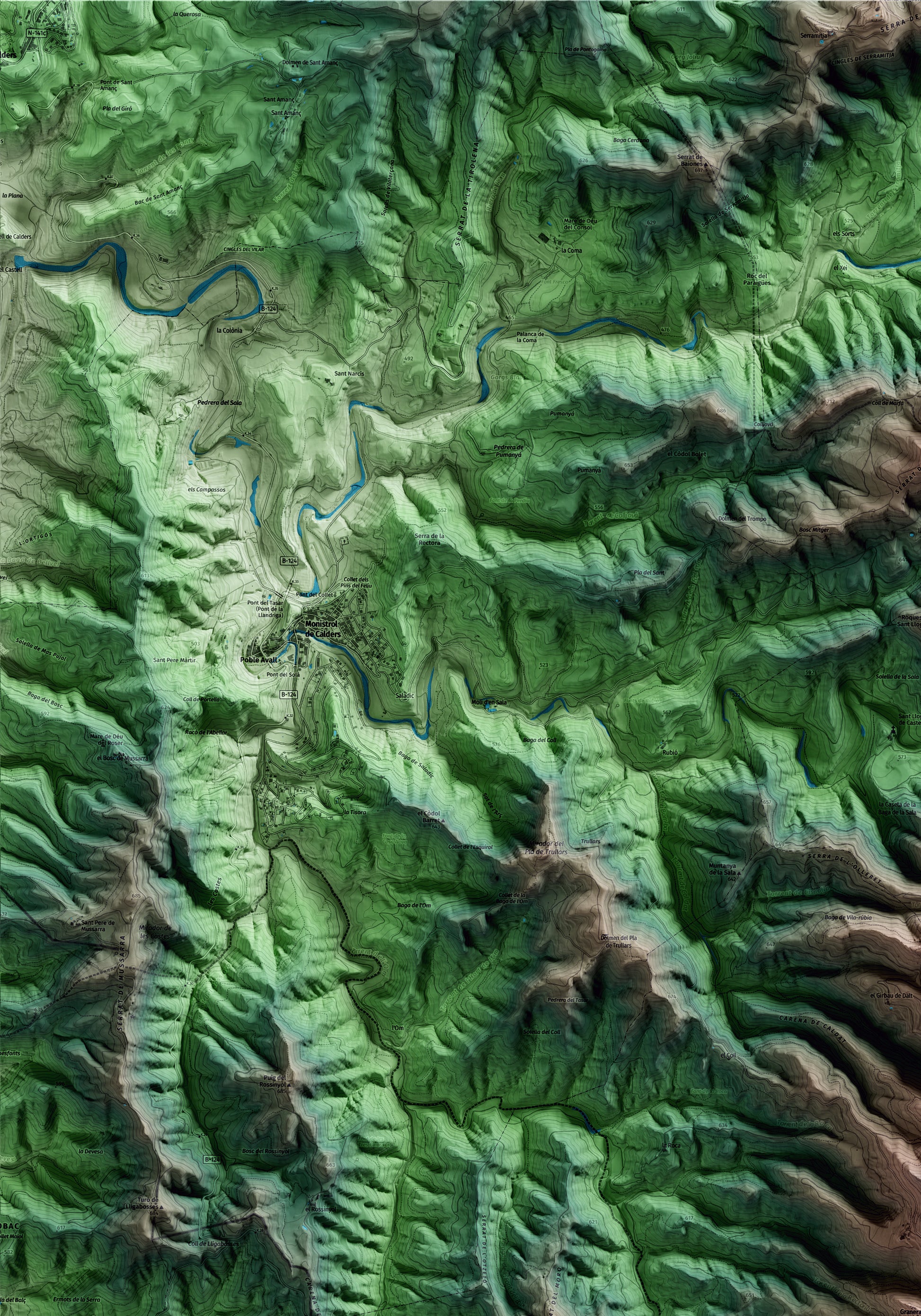 Mapa artístico del relieve de Granera, al Moianès, con 15 km de entorno y base topográfica ICGC. Detalle de la zona superior izquierda.