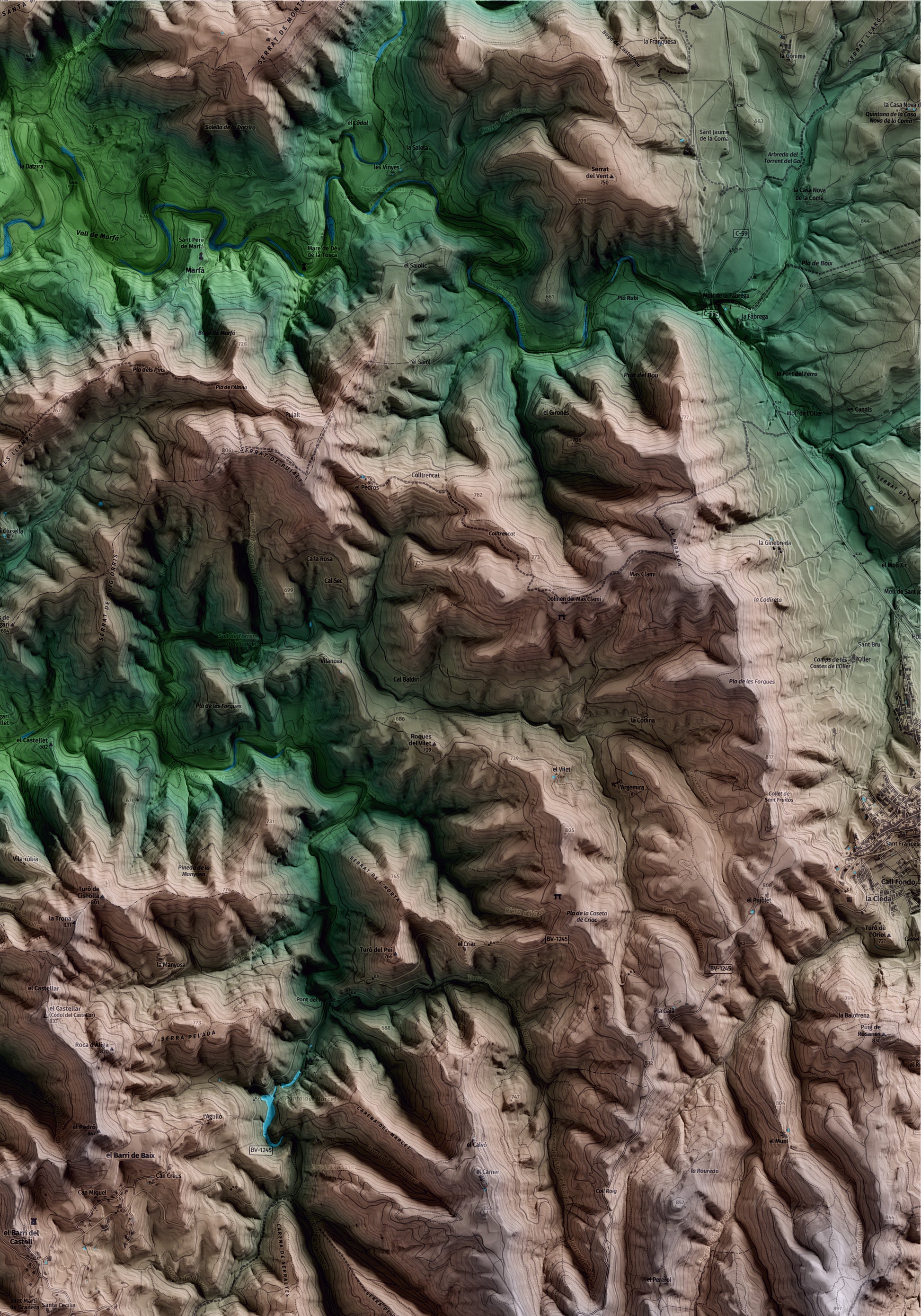 Mapa artístico del relieve de Granera, al Moianès, con 15 km de entorno y base topográfica ICGC. Detalle de la zona superior derecha.