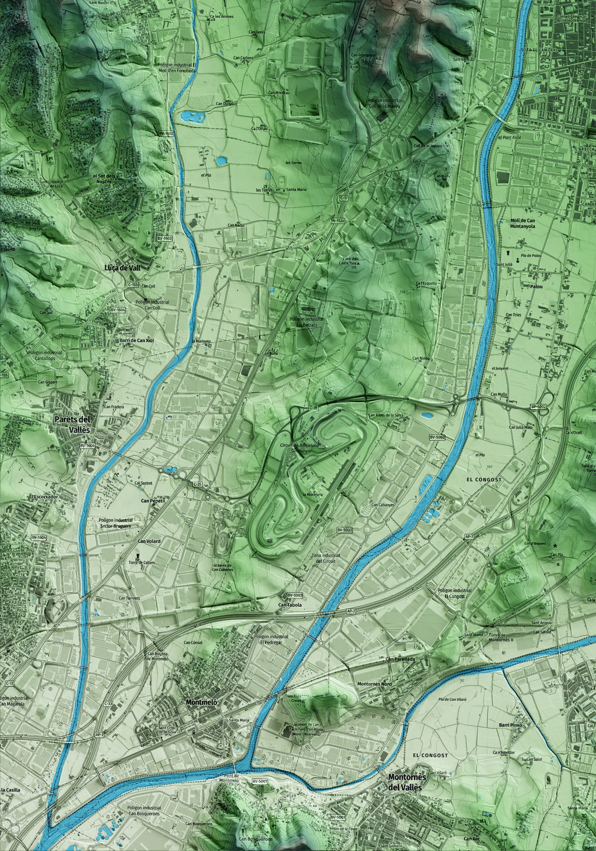 Mapa artístico del relieve de Granollers, al Vallès Oriental, con 15 km de entorno y base topográfica ICGC. Detalle de la zona inferior izquierda.