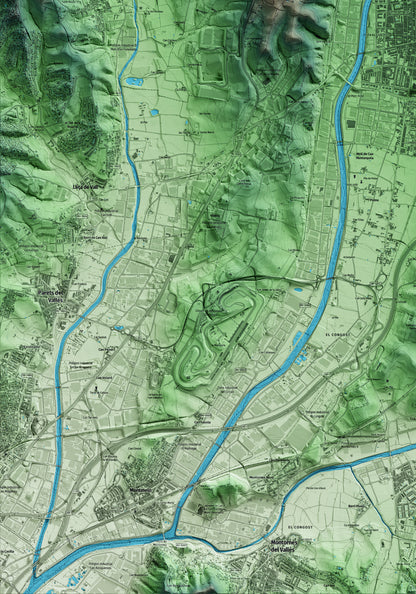 Mapa artístico del relieve de Granollers, al Vallès Oriental, con 15 km de entorno y base topográfica ICGC. Detalle de la zona inferior izquierda.