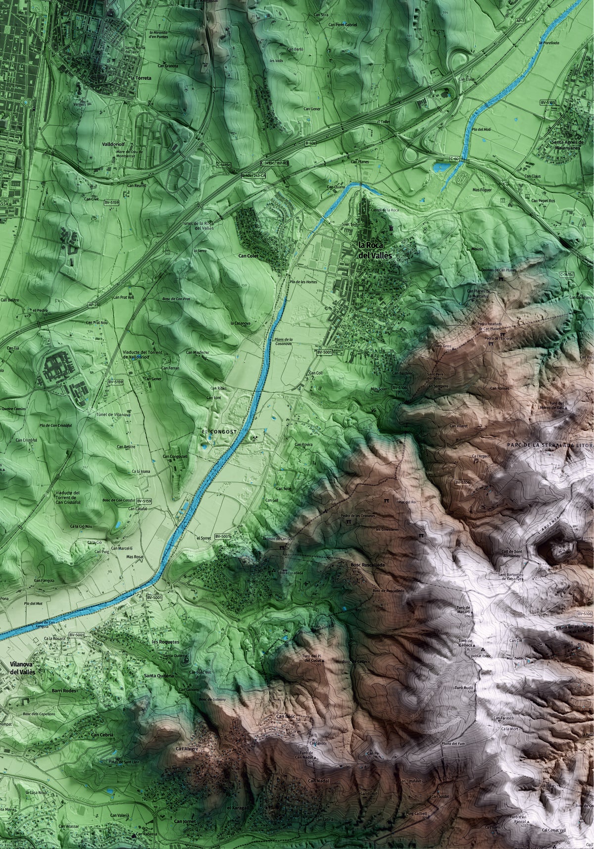 Mapa artístico del relieve de Granollers, al Vallès Oriental, con 15 km de entorno y base topográfica ICGC. Detalle de la zona inferior derecha.