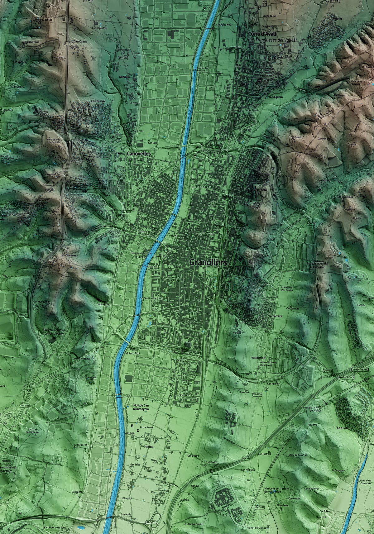 Mapa artístico del relieve de Granollers, al Vallès Oriental, con 15 km de entorno y base topográfica ICGC. Detalle de la zona central.