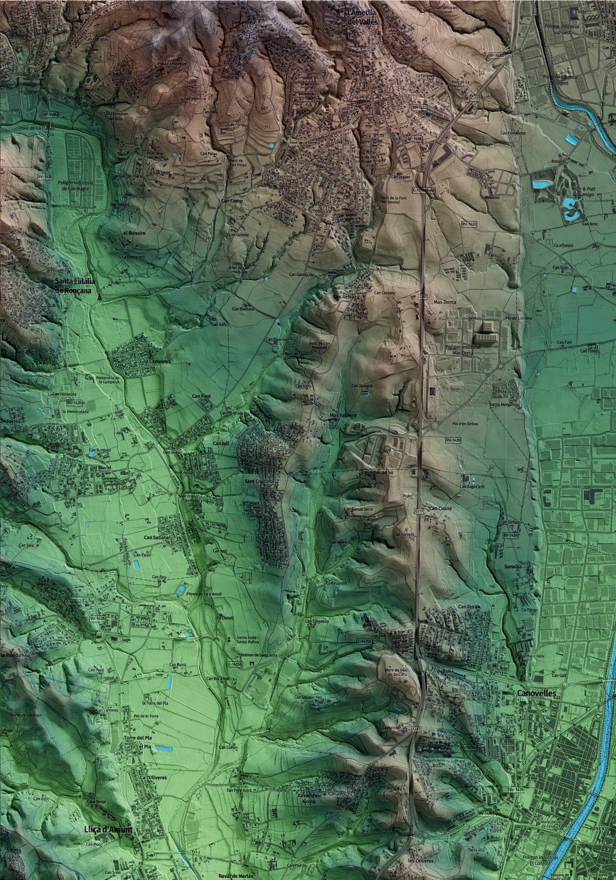 Mapa artístico del relieve de Granollers, al Vallès Oriental, con 15 km de entorno y base topográfica ICGC. Detalle de la zona superior izquierda.
