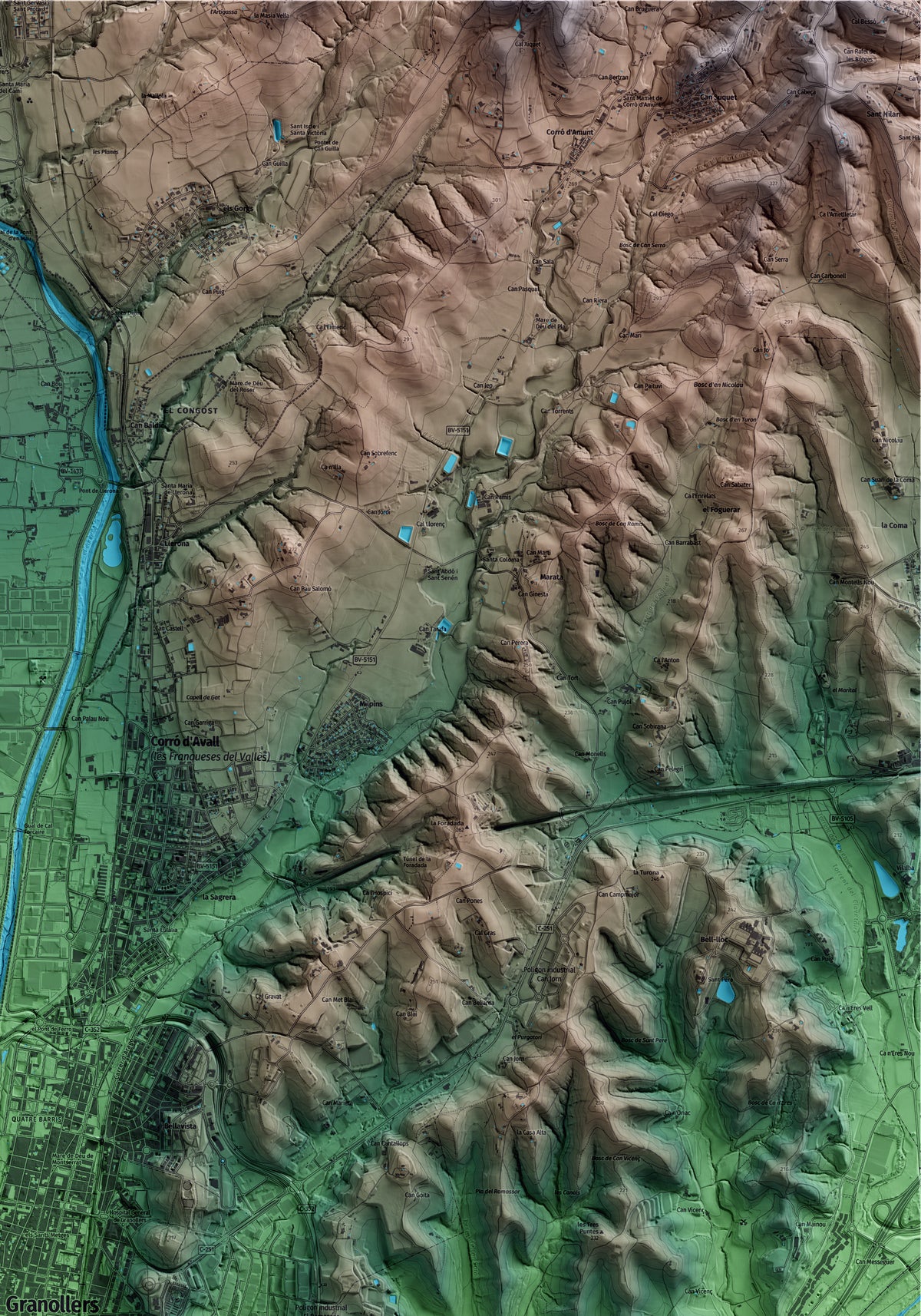 Mapa artístico del relieve de Granollers, al Vallès Oriental, con 15 km de entorno y base topográfica ICGC. Detalle de la zona superior derecha.