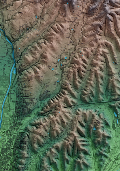 Mapa artístico del relieve de Granollers, al Vallès Oriental, con 15 km de entorno y base topográfica ICGC. Detalle de la zona superior derecha.