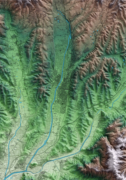 Mapa artístico del relieve de Granollers, al Vallès Oriental, con 15 km de entorno y base topográfica ICGC