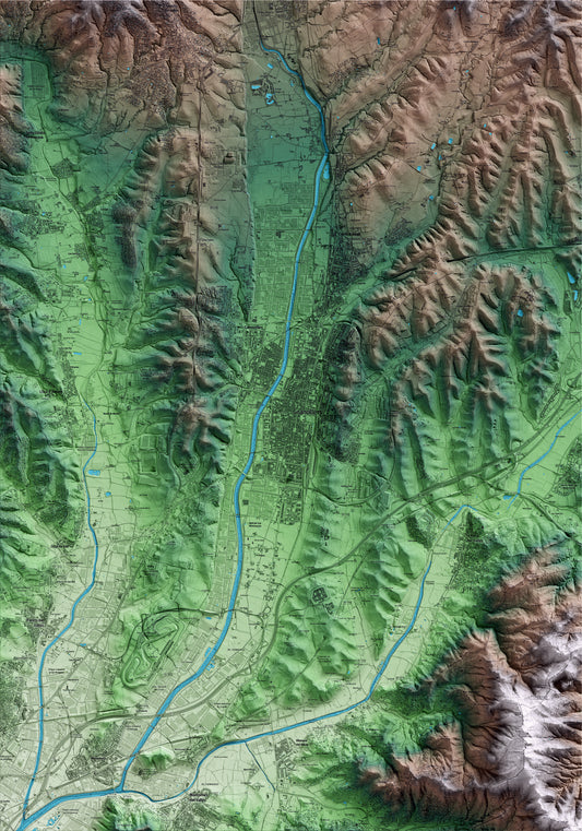 Mapa artístico del relieve de Granollers, al Vallès Oriental, con 15 km de entorno y base topográfica ICGC