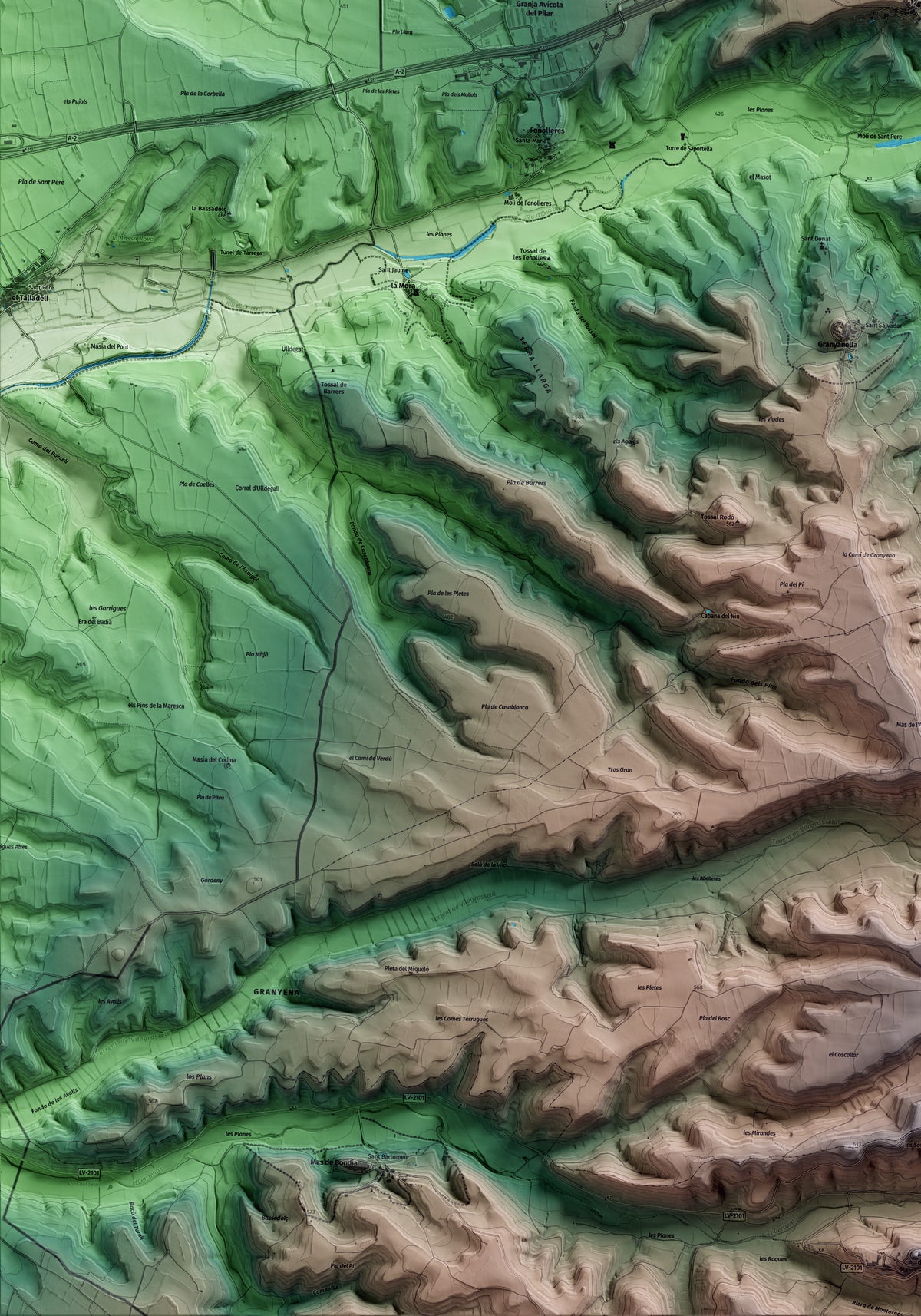 Mapa artístico del relieve de Granyanella, a la Segarra, con 15 km de entorno y base topográfica ICGC. Detalle de la zona inferior izquierda.