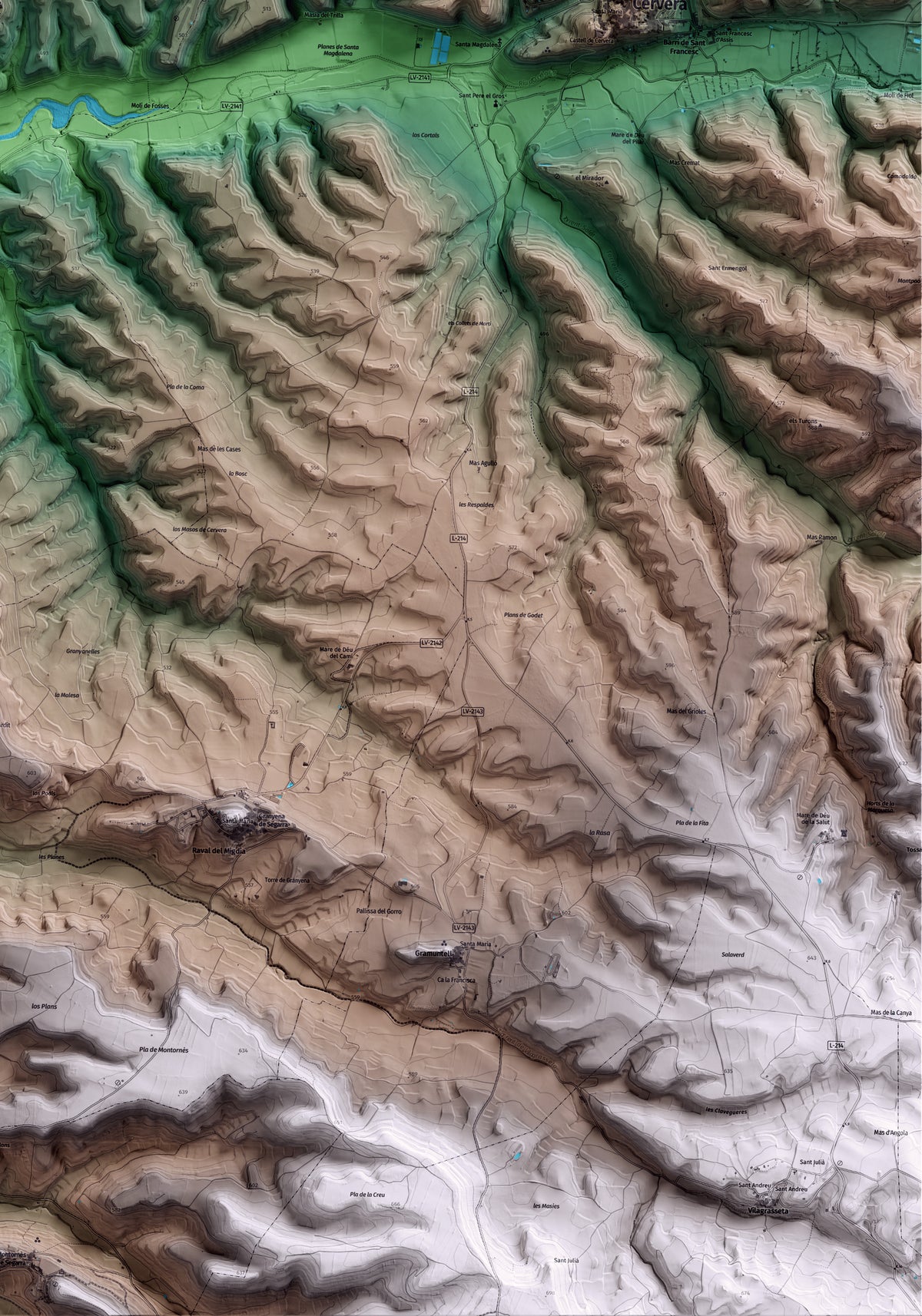 Mapa artístico del relieve de Granyanella, a la Segarra, con 15 km de entorno y base topográfica ICGC. Detalle de la zona inferior derecha.