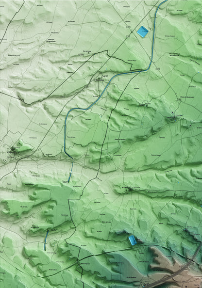 Mapa artístico del relieve de Granyanella, a la Segarra, con 15 km de entorno y base topográfica ICGC. Detalle de la zona superior izquierda.