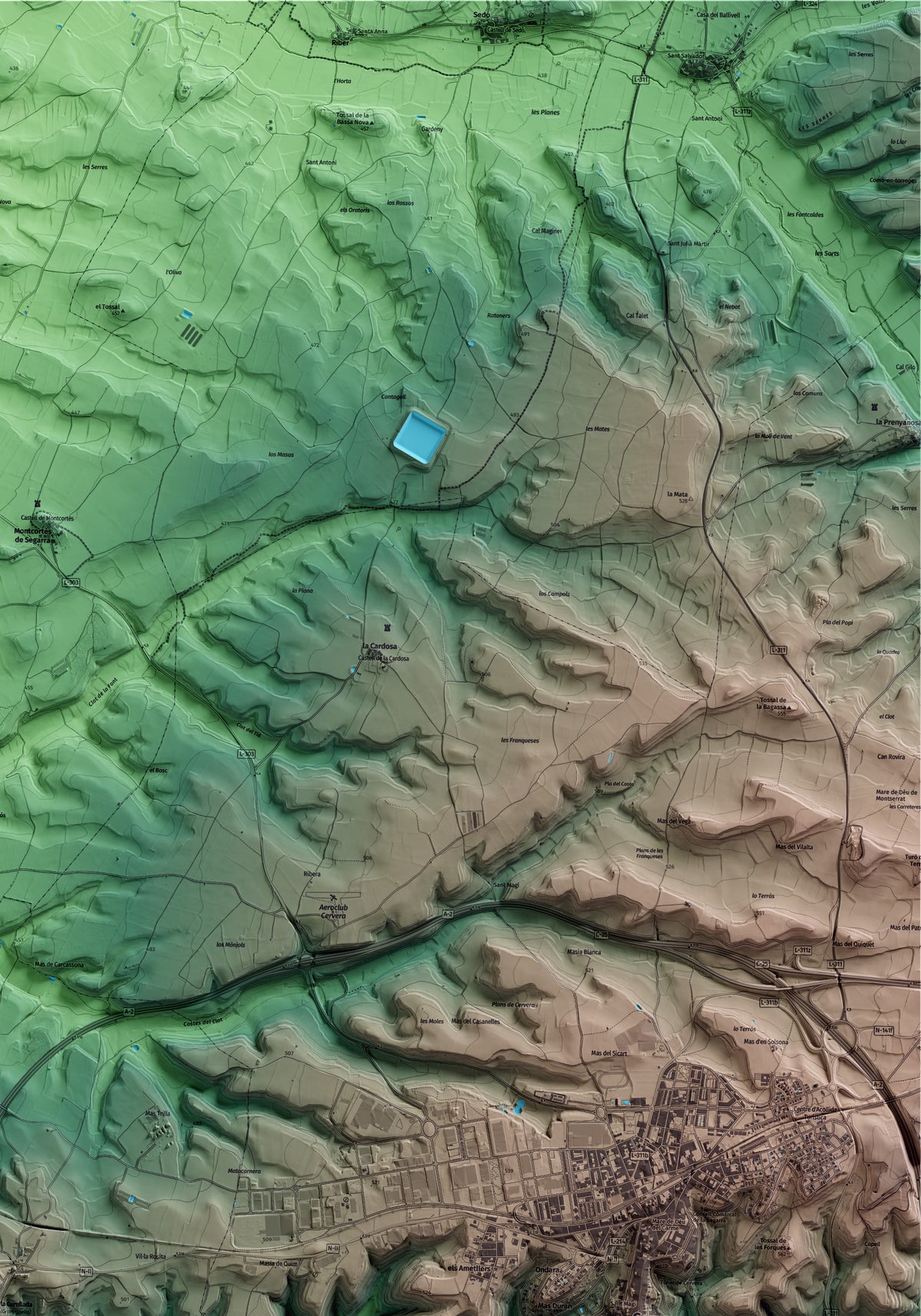 Mapa artístico del relieve de Granyanella, a la Segarra, con 15 km de entorno y base topográfica ICGC. Detalle de la zona superior derecha.