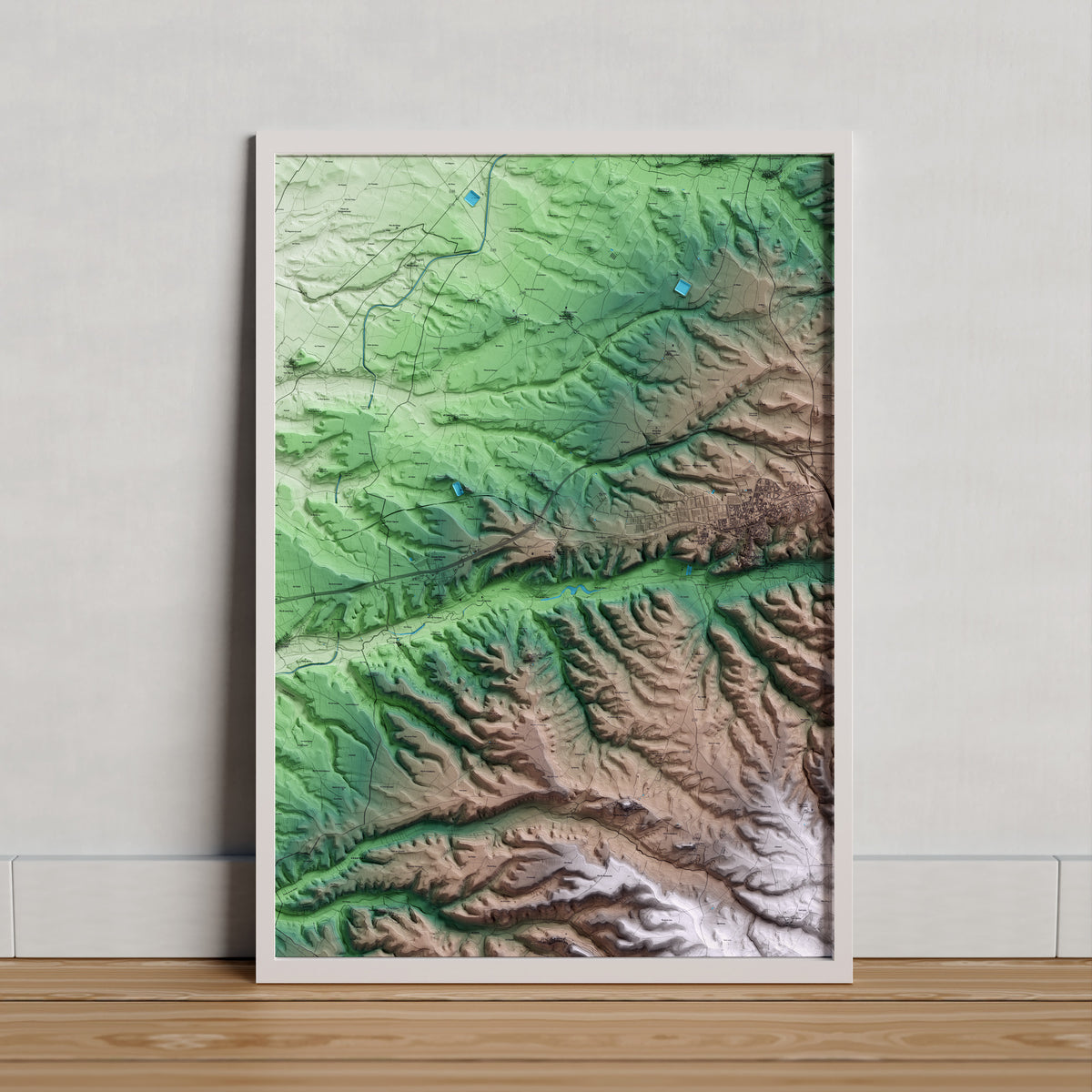 Mapa artístico del relieve de Granyanella, a la Segarra, con 15 km de entorno y base topográfica ICGC. Presentación enmarcada.