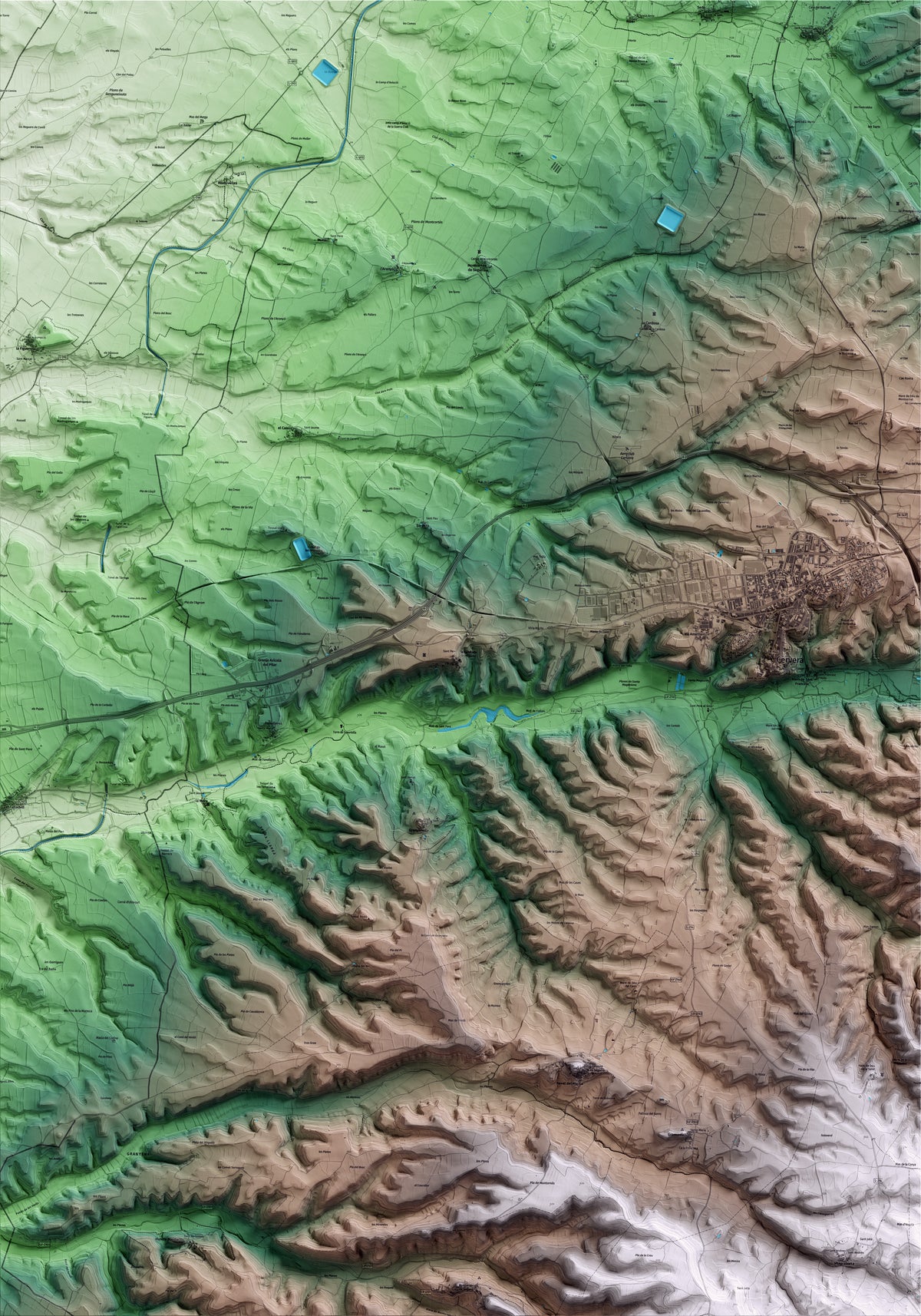 Mapa artístico del relieve de Granyanella, a la Segarra, con 15 km de entorno y base topográfica ICGC