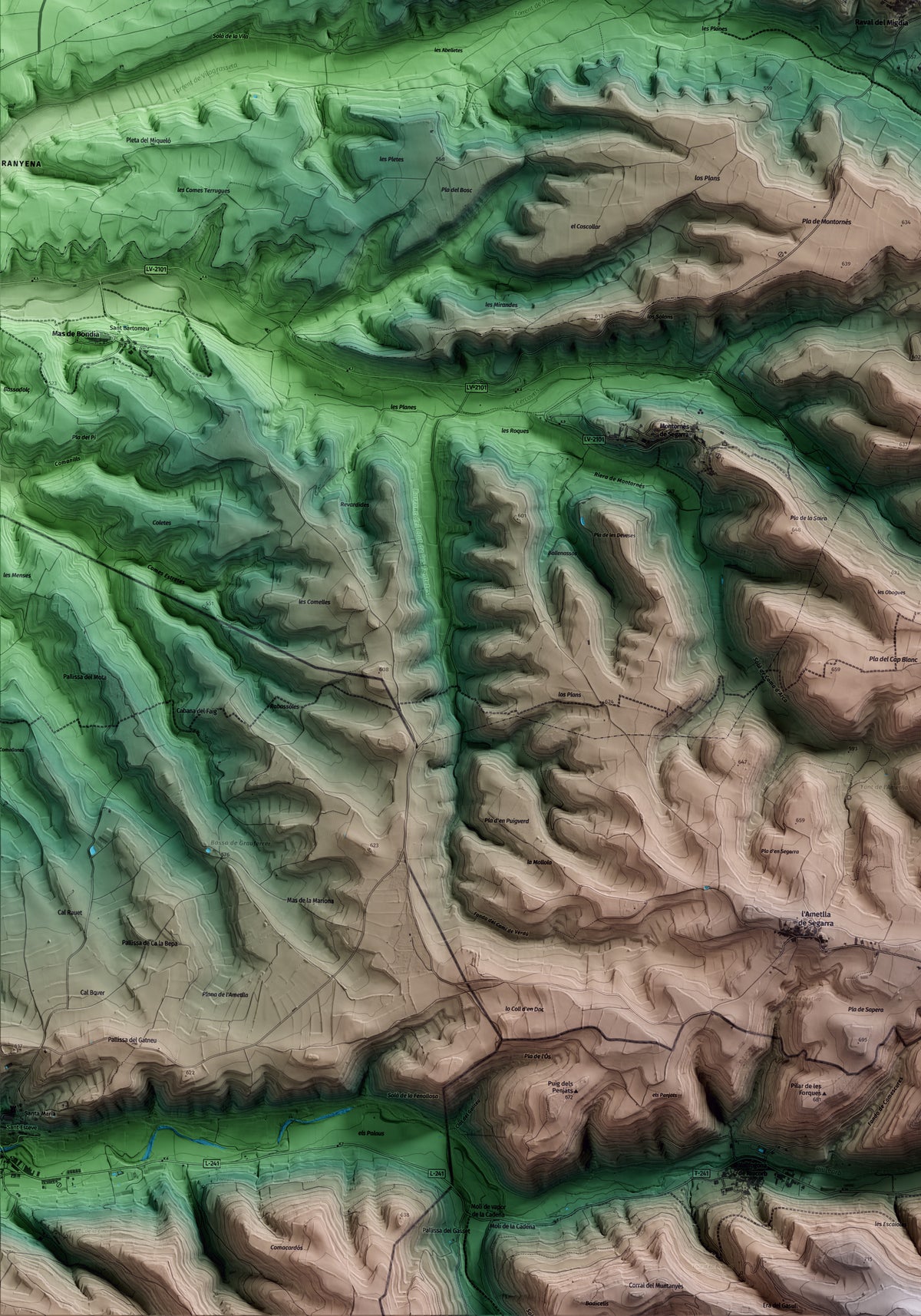 Mapa artístico del relieve de Granyena de Segarra, a la Segarra, con 15 km de entorno y base topográfica ICGC. Detalle de la zona inferior izquierda.
