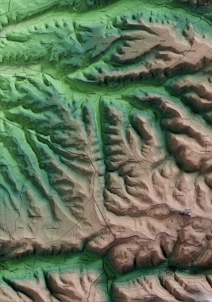 Mapa artístico del relieve de Granyena de Segarra, a la Segarra, con 15 km de entorno y base topográfica ICGC. Detalle de la zona inferior izquierda.