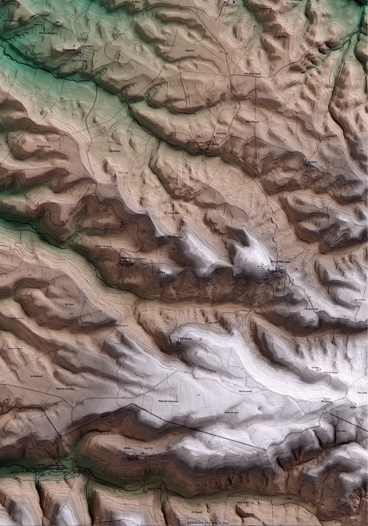 Mapa artístico del relieve de Granyena de Segarra, a la Segarra, con 15 km de entorno y base topográfica ICGC. Detalle de la zona inferior derecha.