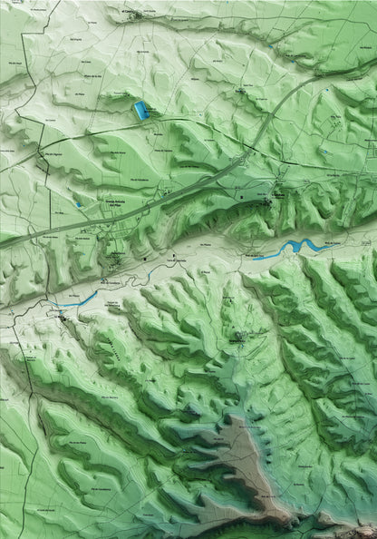 Mapa artístico del relieve de Granyena de Segarra, a la Segarra, con 15 km de entorno y base topográfica ICGC. Detalle de la zona superior izquierda.