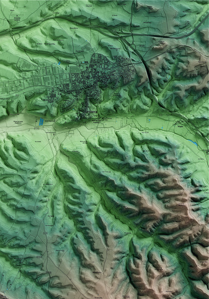 Mapa artístico del relieve de Granyena de Segarra, a la Segarra, con 15 km de entorno y base topográfica ICGC. Detalle de la zona superior derecha.