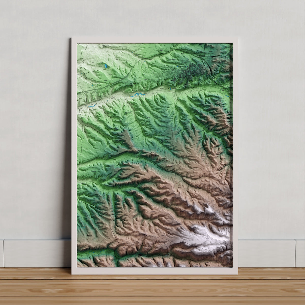 Mapa artístico del relieve de Granyena de Segarra, a la Segarra, con 15 km de entorno y base topográfica ICGC. Presentación enmarcada.
