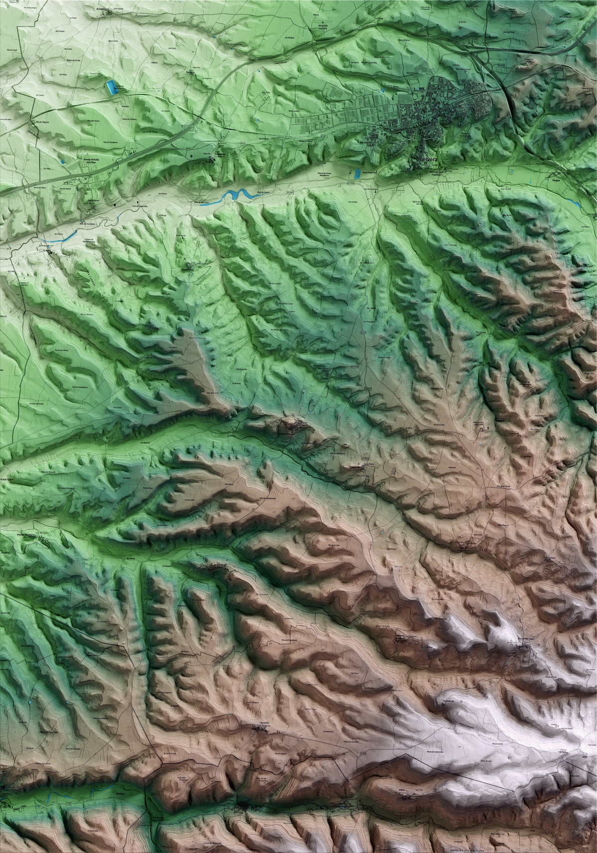 Mapa artístico del relieve de Granyena de Segarra, a la Segarra, con 15 km de entorno y base topográfica ICGC