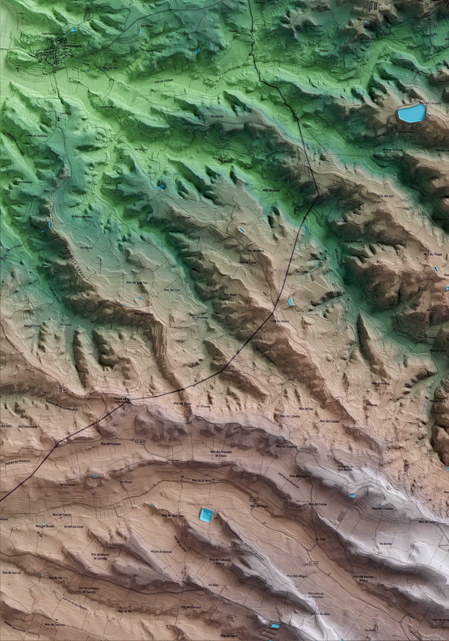 Mapa artístico del relieve de Granyena de les Garrigues, a las Garrigues, con 15 km de entorno y base topográfica ICGC. Detalle de la zona inferior izquierda.