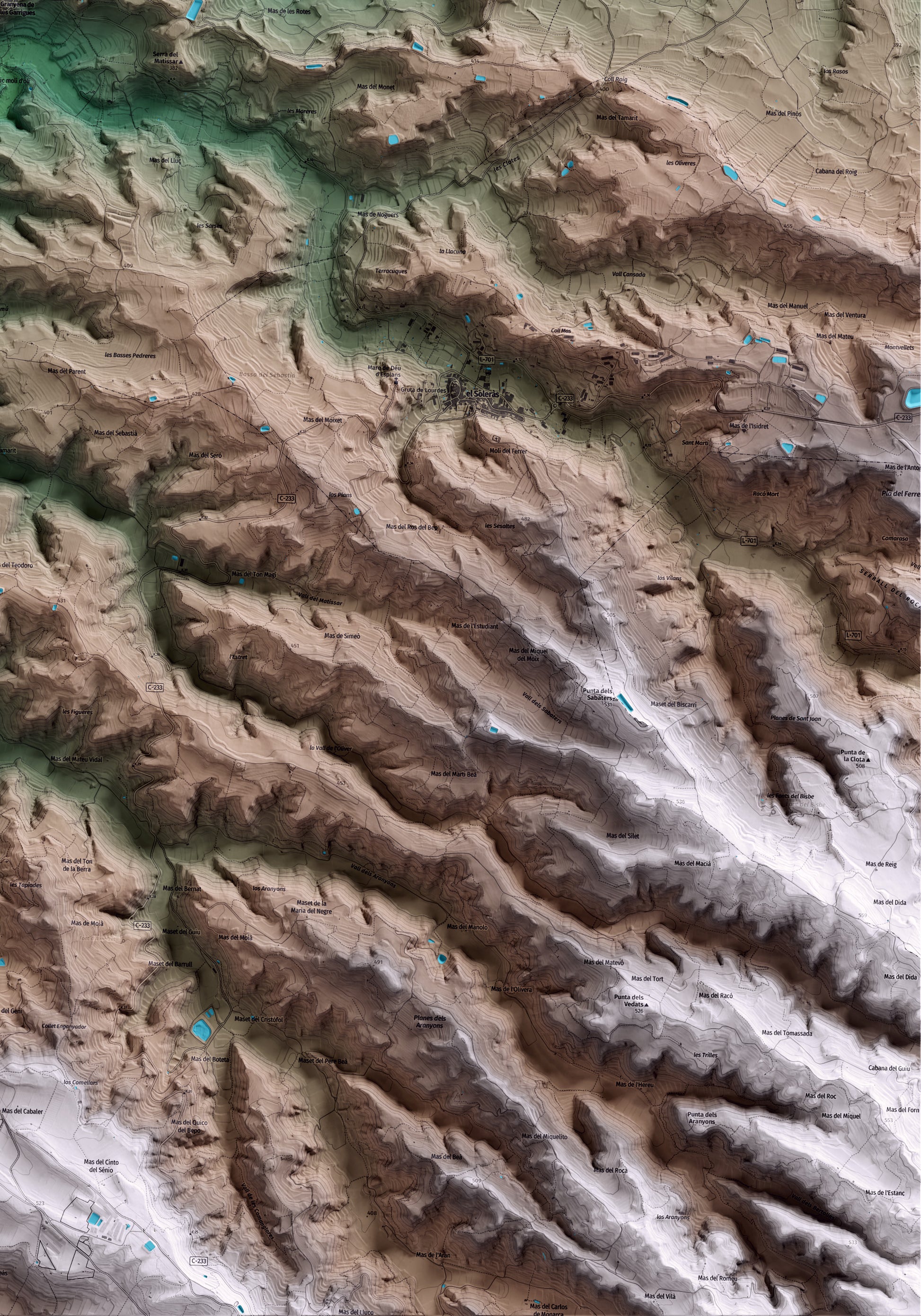 Mapa artístico del relieve de Granyena de les Garrigues, a las Garrigues, con 15 km de entorno y base topográfica ICGC. Detalle de la zona inferior derecha.
