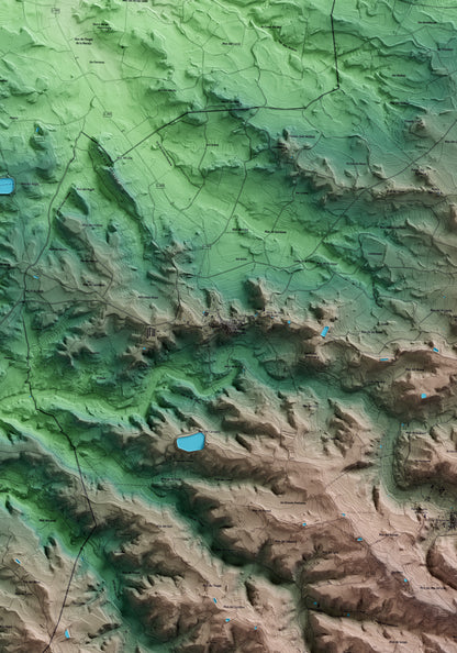 Mapa artístico del relieve de Granyena de les Garrigues, a las Garrigues, con 15 km de entorno y base topográfica ICGC. Detalle de la zona central.