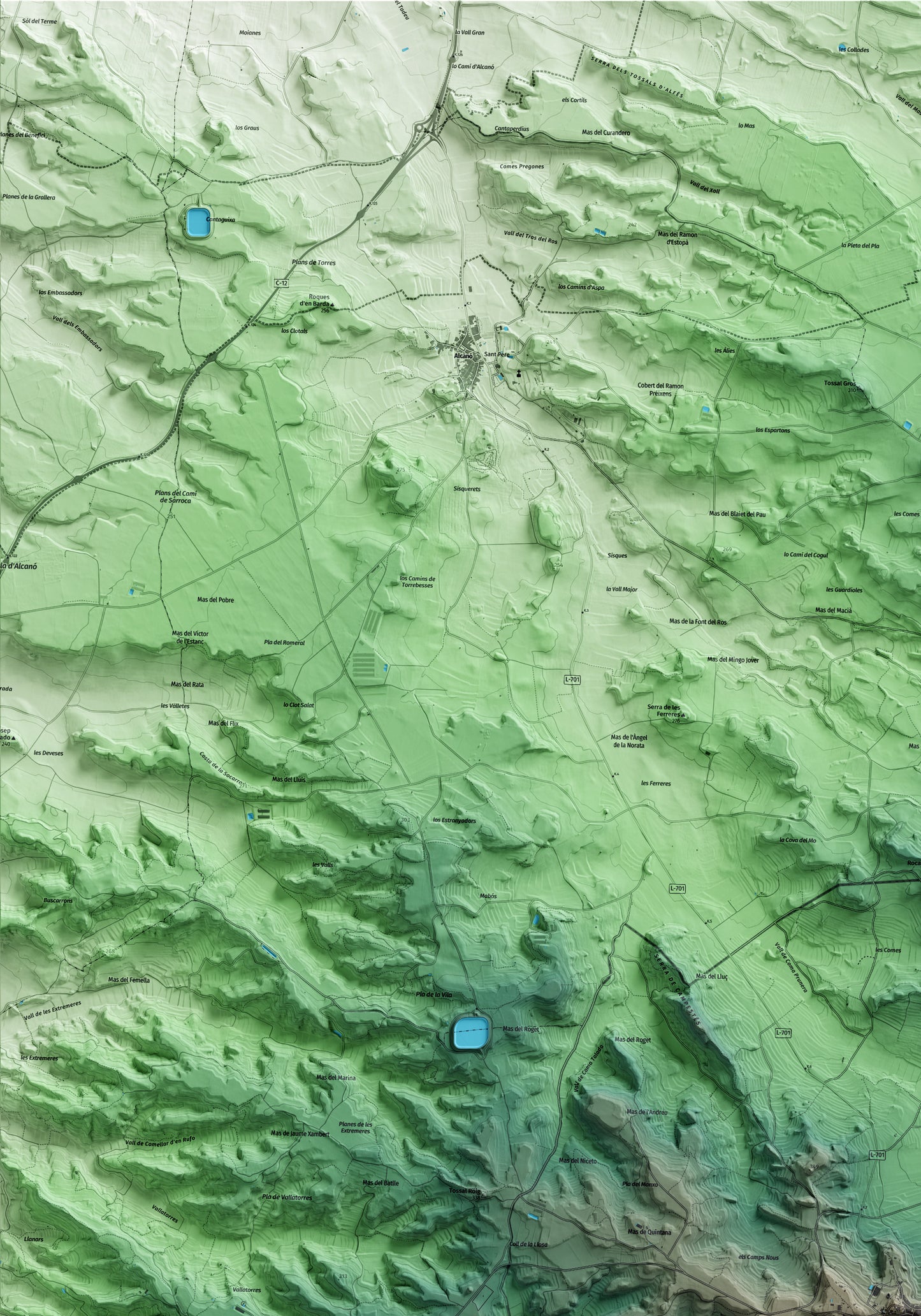 Mapa artístico del relieve de Granyena de les Garrigues, a las Garrigues, con 15 km de entorno y base topográfica ICGC. Detalle de la zona superior izquierda.