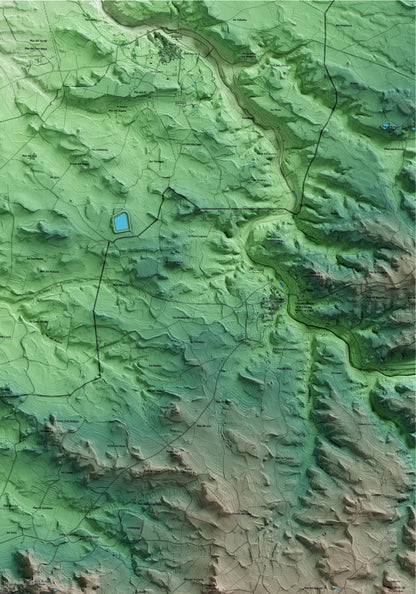 Mapa artístico del relieve de Granyena de les Garrigues, a las Garrigues, con 15 km de entorno y base topográfica ICGC. Detalle de la zona superior derecha.