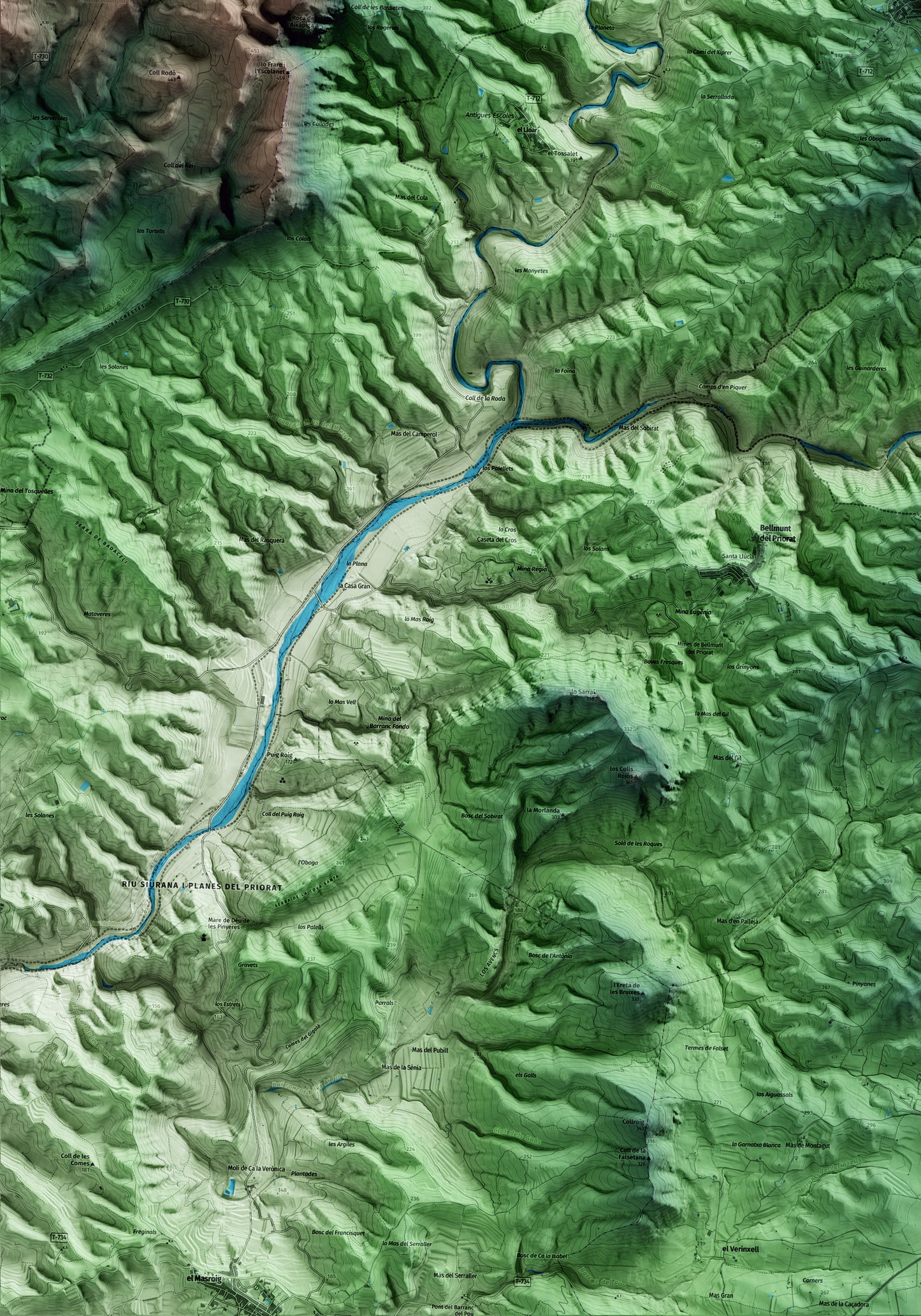 Mapa artístico del relieve de Gratallops, al Priorat, con 15 km de entorno y base topográfica ICGC. Detalle de la zona inferior izquierda.