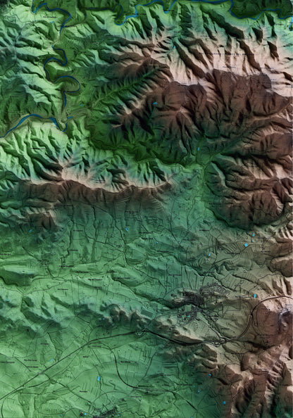 Mapa artístico del relieve de Gratallops, al Priorat, con 15 km de entorno y base topográfica ICGC. Detalle de la zona inferior derecha.