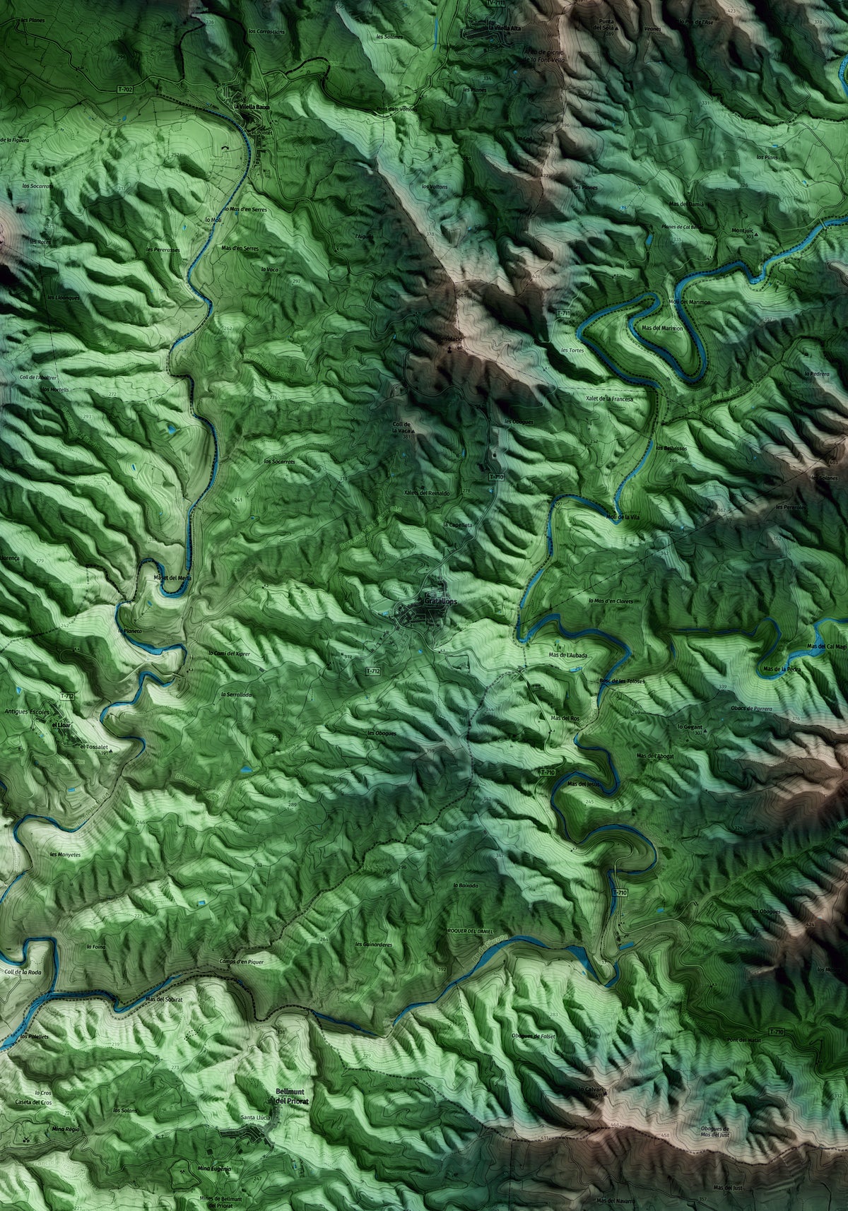 Mapa artístico del relieve de Gratallops, al Priorat, con 15 km de entorno y base topográfica ICGC. Detalle de la zona central.