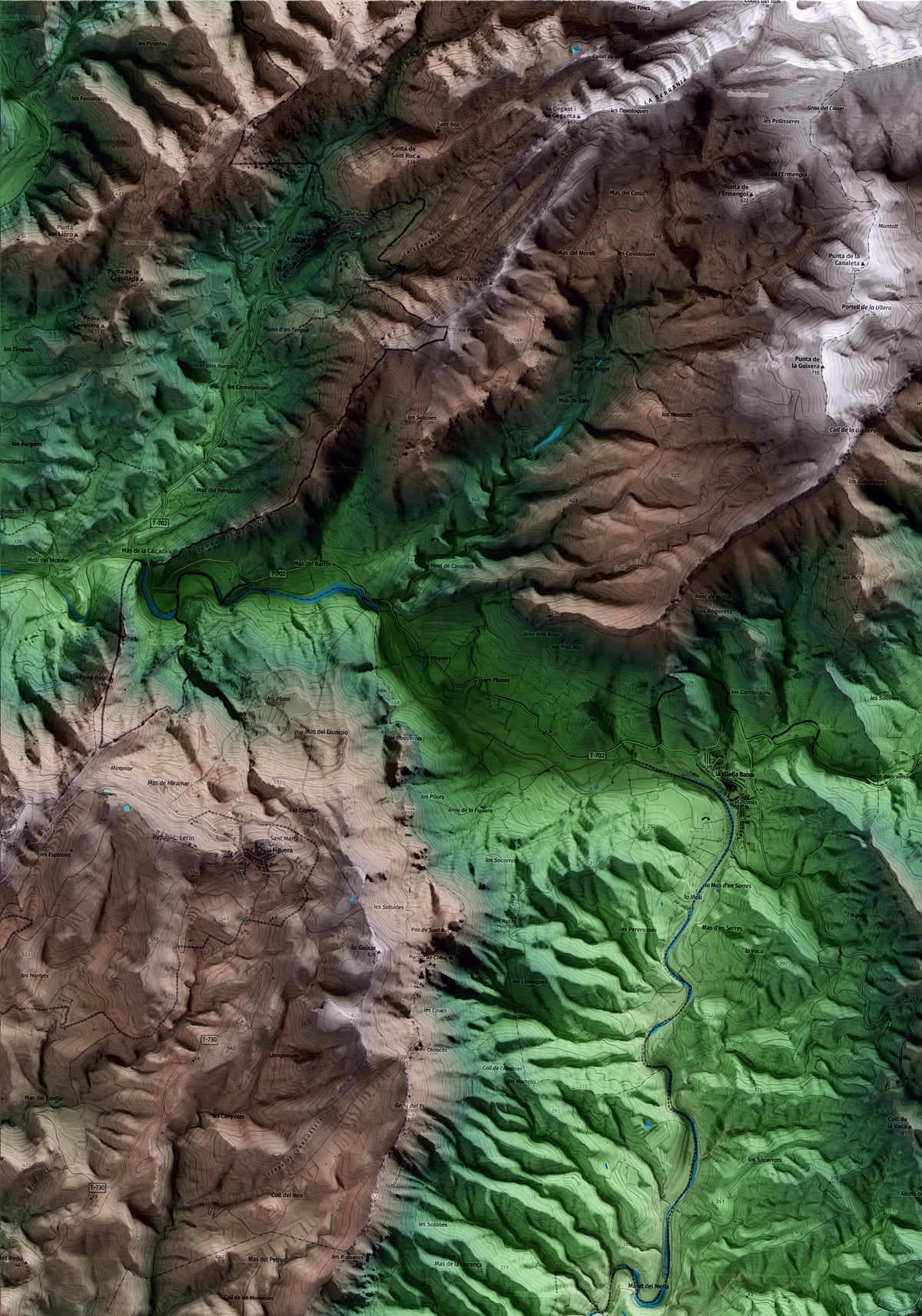 Mapa artístico del relieve de Gratallops, al Priorat, con 15 km de entorno y base topográfica ICGC. Detalle de la zona superior izquierda.