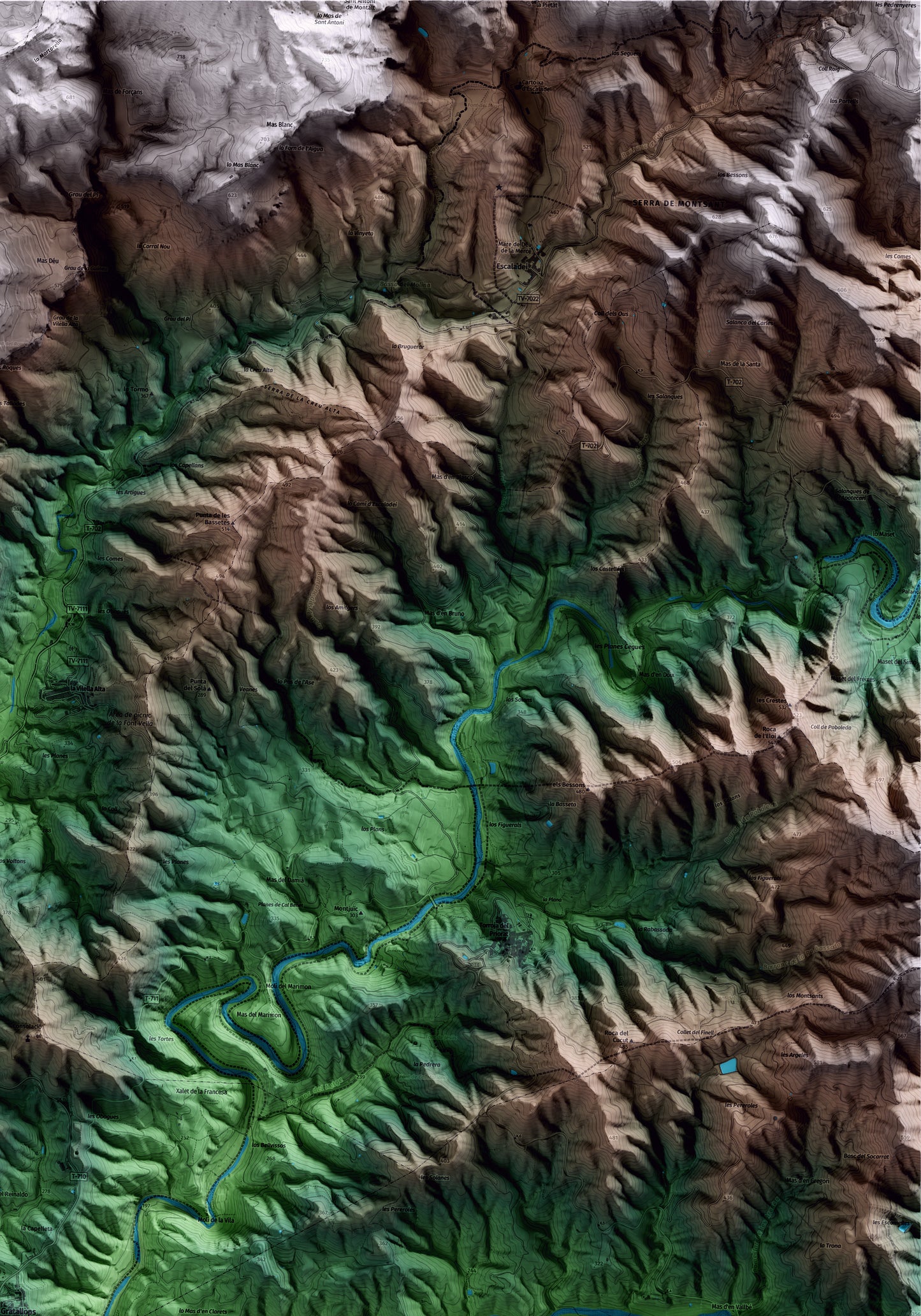 Mapa artístico del relieve de Gratallops, al Priorat, con 15 km de entorno y base topográfica ICGC. Detalle de la zona superior derecha.