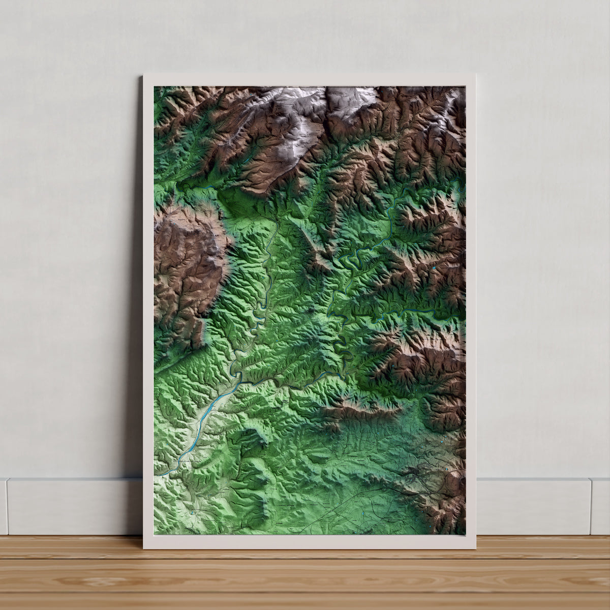 Mapa artístico del relieve de Gratallops, al Priorat, con 15 km de entorno y base topográfica ICGC. Presentación enmarcada.