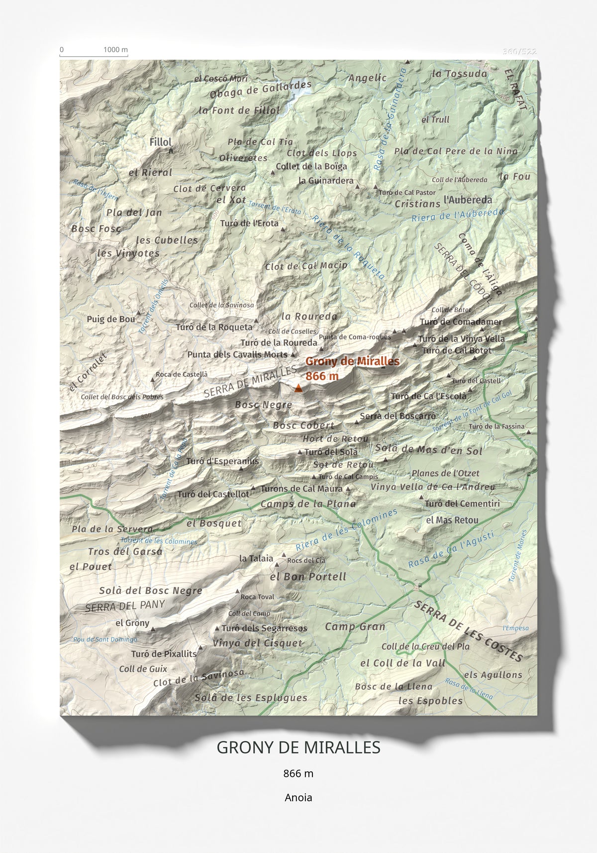 Mapa de relieve de Grony de Miralles, 866 m, Anoia, lámina 100 Cims de Trobart 21 × 30 cm.