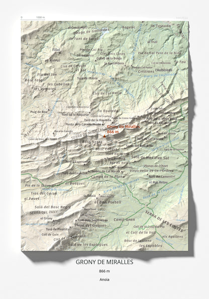 Mapa de relieve de Grony de Miralles, 866 m, Anoia, lámina 100 Cims de Trobart 21 × 30 cm.